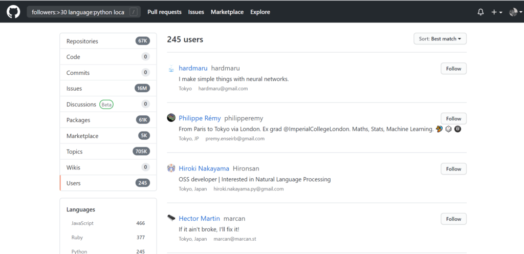 screenshot of a github search for recruiters