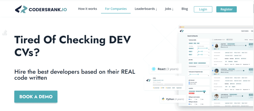 screenshot of tech sourcing tool and candidate platform codersrank